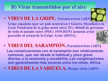B) Virus transmitidos por el aire