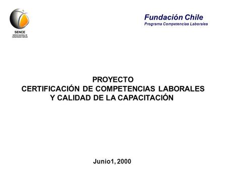PROYECTO CERTIFICACIÓN DE COMPETENCIAS LABORALES Y CALIDAD DE LA CAPACITACIÓN Junio1, 2000 Fundación Chile Programa Competencias Laborales.