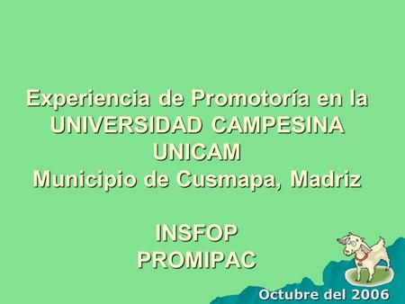 Experiencia de Promotoría en la UNIVERSIDAD CAMPESINA UNICAM Municipio de Cusmapa, Madriz INSFOP PROMIPAC Octubre del 2006.