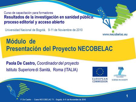 P. De Castro - Curso NECOBELAC T1. - Bogotà, 9-11 de Noviembre de 2010 1 Curso de capacitación para formadores Resultados de la investigación en sanidad.