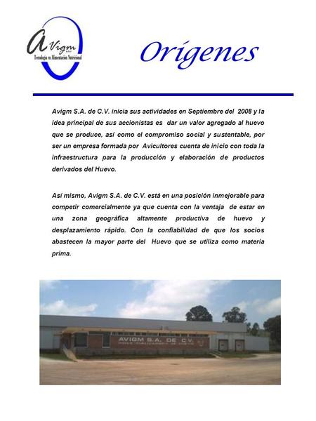 Orígenes Avigm S.A. de C.V. inicia sus actividades en Septiembre del 2008 y la idea principal de sus accionistas es dar un valor agregado al huevo que.