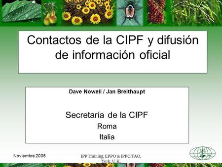 IPP Training, EPPO & IPPC/FAO, York, U.K. Noviembre 2005 Contactos de la CIPF y difusión de información oficial Dave Nowell / Jan Breithaupt Secretaría.