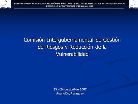 Comisión Intergubernamental de Gestión de Riesgos y Reducción de la Vulnerabilidad 23 – 24 de abril de 2007 Asunción, Paraguay.