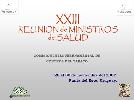 XXIII REUNION de MINISTROS de SALUD 28 al 30 de noviembre del 2007. Punta del Este, Uruguay. COMISION INTEGUBERNAMENTAL DE CONTROL DEL TABACO.