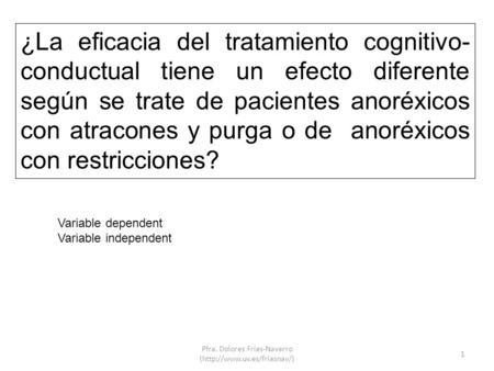 1 ¿La eficacia del tratamiento cognitivo- conductual tiene un efecto diferente según se trate de pacientes anoréxicos con atracones y purga o de anoréxicos.