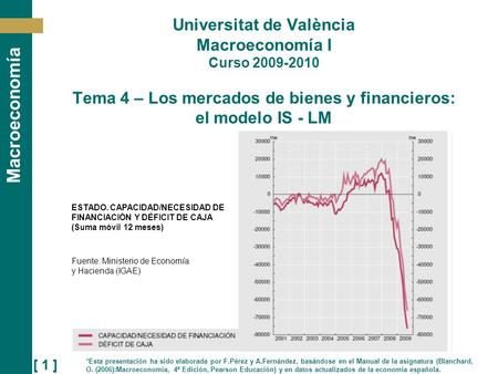 Universitat de València Macroeconomía I Curso 2009-2010 Tema 4 – Los mercados de bienes y financieros: el modelo IS - LM ESTADO. CAPACIDAD/NECESIDAD.