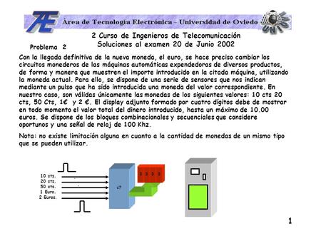 2 Curso de Ingenieros de Telecomunicación Soluciones al examen 20 de Junio 2002 1 Con la llegada definitiva de la nueva moneda, el euro, se hace preciso.