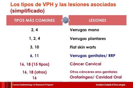 Los tipos de VPH y las lesiones asociadas (simplificado)