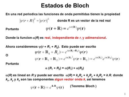 Estados de Bloch En una red periodica las funciones de onda permitidas tienen la propiedad donde R es un vector de la red real Portanto   Donde la funcion.