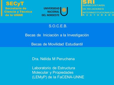 S.O.C.E.B. Becas de Iniciación a la Investigación Becas de Movilidad Estudiantil SECyT Secretaría de Ciencia y Técnica de la UNNE Dra. Nélida M Peruchena.