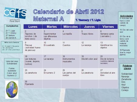 Calendario ABRIL 2012 Maternal B T.Jennifer / T. Mikoleit Lunes Martes