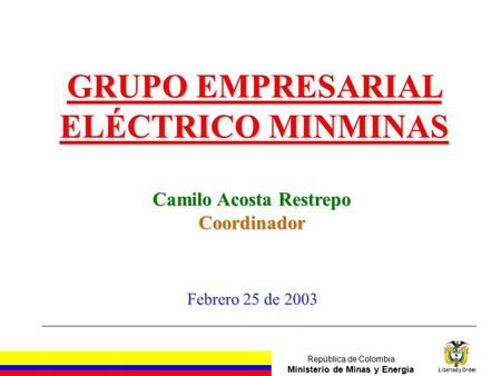 República de Colombia Ministerio de Minas y Energía Libertad y Orden Camilo Acosta Restrepo Coordinador Febrero 25 de 2003 GRUPO EMPRESARIAL ELÉCTRICO.