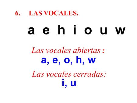 6.LAS VOCALES. a e h i o u w Las vocales abiertas : a, e, o, h, w Las vocales cerradas: i, u.