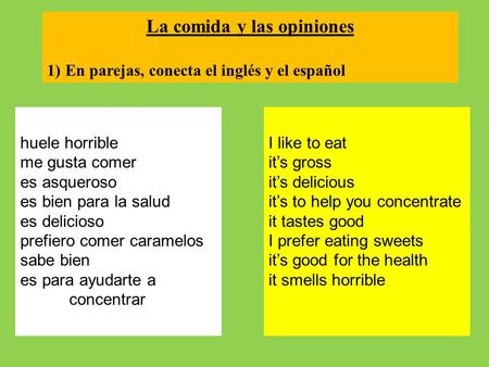 Huele horrible me gusta comer es asqueroso es bien para la salud es delicioso prefiero comer caramelos sabe bien es para ayudarte a concentrar I like to.