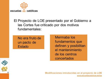 El Proyecto de LOE presentado por el Gobierno a las Cortes fue criticado por dos motivos fundamentales: Mermaba los fundamentos que definen y posibilitan.
