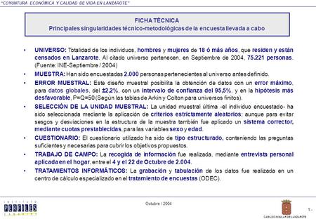 LANZAROTE ENCUESTA: COYUNTURA ECONÓMICA Y CALIDAD DE VIDA EN LANZAROTE SÍNTESIS GRÁFICA DE PRINCIPALES RESULTADOS Octubre / 2004 C/ María de Molina 32,