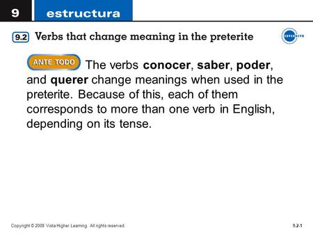 The verbs conocer, saber, poder, and querer change meanings when used in the preterite. Because of this, each of them corresponds to more than one verb.