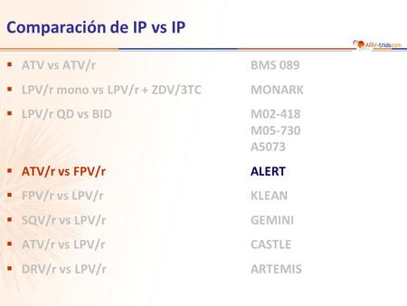 ATV vs ATV/rBMS 089 LPV/r mono vs LPV/r + ZDV/3TCMONARK LPV/r QD vs BIDM02-418 M05-730 A5073 ATV/r vs FPV/rALERT FPV/r vs LPV/rKLEAN SQV/r vs LPV/rGEMINI.