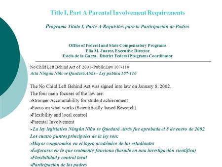 Title I, Part A Parental Involvement Requirements Programa Título I, Parte A-Requisitos para la Participación de Padres Office of Federal and State.