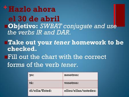 + Hazlo ahora el 30 de abril Objetivo: SWBAT conjugate and use the verbs IR and DAR. Take out your tener homework to be checked. Fill out the chart with.