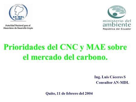 Prioridades del CNC y MAE sobre el mercado del carbono. Ing. Luis Cáceres S Consultor AN-MDL Quito, 11 de febrero del 2004.