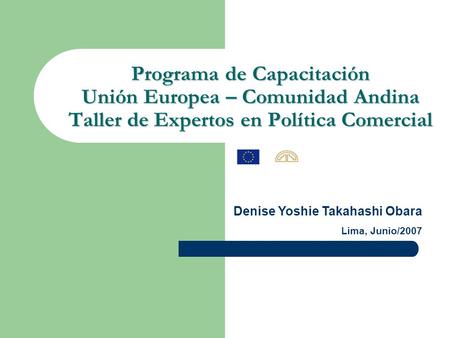 Programa de Capacitación Unión Europea – Comunidad Andina Taller de Expertos en Política Comercial Denise Yoshie Takahashi Obara Lima, Junio/2007.