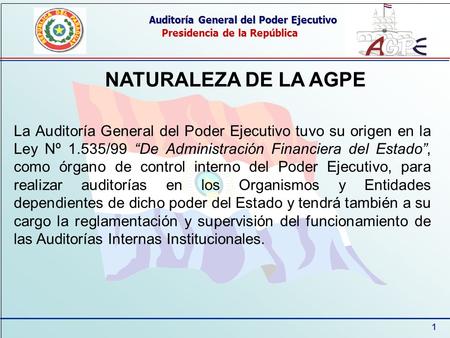 1 Auditoría General del Poder Ejecutivo Presidencia de la República NATURALEZA DE LA AGPE La Auditoría General del Poder Ejecutivo tuvo su origen en la.