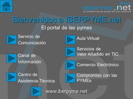 Bienvenidos a IBERPYME.net Bienvenidos a IBERPYME.net El portal de las pymes Servicio de Comunicación Canal de Información Centro de Asistencia Técnica.
