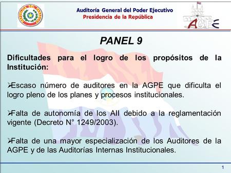 1 Auditoría General del Poder Ejecutivo Presidencia de la República PANEL 9 Dificultades para el logro de los propósitos de la Institución: Escaso número.