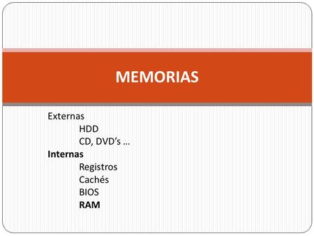 Externas HDD CD, DVD’s … Internas Registros Cachés BIOS RAM MEMORIAS.