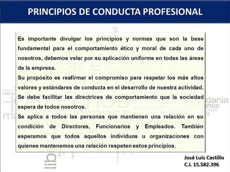 PRINCIPIOS DE CONDUCTA PROFESIONAL José Luis Castillo C.I. 15.582.396 Es importante divulgar los principios y normas que son la base fundamental para el.