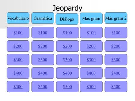 Jeopardy $100 VocabularioGramática Diálogo Más gram Más gram 2 $200 $300 $400 $500 $400 $300 $200 $100 $500 $400 $300 $200 $100 $500 $400 $300 $200 $100.