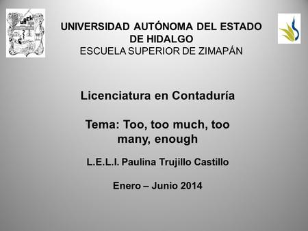 UNIVERSIDAD AUTÓNOMA DEL ESTADO DE HIDALGO ESCUELA SUPERIOR DE ZIMAPÁN Licenciatura en Contaduría Tema: Too, too much, too many, enough L.E.L.I. Paulina.