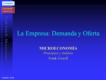 Frank Cowell: Microeconomics La Empresa: Demanda y Oferta MICROECONOMÍA Principios y Análisis Frank Cowell Casi esencial Optimización Casi esencial Optimización.