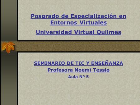 Posgrado de Especialización en Entornos Virtuales Universidad Virtual Quilmes SEMINARIO DE TIC Y ENSEÑANZA Profesora Noemí Tessio Aula Nº 5.