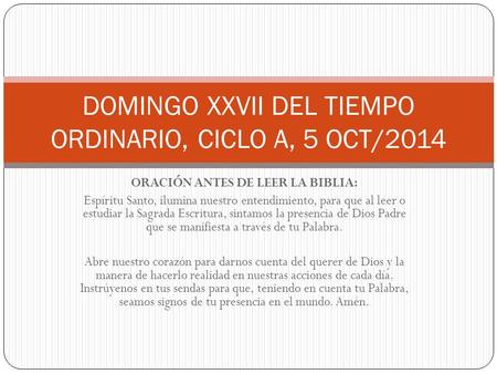 DOMINGO XXVII DEL TIEMPO ORDINARIO, CICLO A, 5 OCT/2014