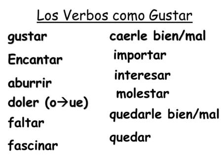 Los Verbos como Gustar gustar caerle bien/mal Encantar importar