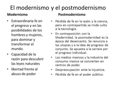 El modernismo y el postmodernismo