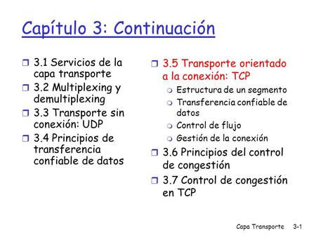 Capa Transporte3-1 Capítulo 3: Continuación r 3.1 Servicios de la capa transporte r 3.2 Multiplexing y demultiplexing r 3.3 Transporte sin conexión: UDP.