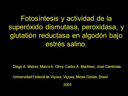 Fotosíntesis y actividad de la superóxido dismutasa, peroxidasa, y glutatión reductasa en algodón bajo estrés salino. Diego A. Meloni, Marco A. Oliva,