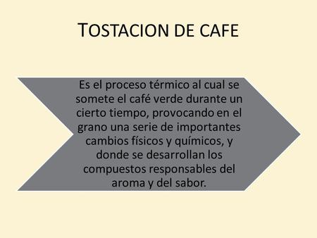 TOSTACION DE CAFE Es el proceso térmico al cual se somete el café verde durante un cierto tiempo, provocando en el grano una serie de importantes cambios.