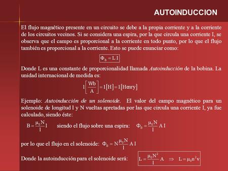 AUTOINDUCCION El flujo magnético presente en un circuito se debe a la propia corriente y a la corriente de los circuitos vecinos. Si se considera una espira,