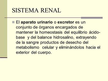 SISTEMA RENAL El aparato urinario o excretor es un conjunto de órganos encargados de mantener la homeostasis del equilibrio ácido- base y del balance.
