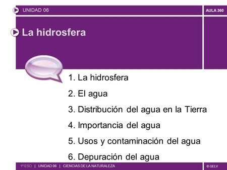La hidrosfera 1. La hidrosfera 2. El agua