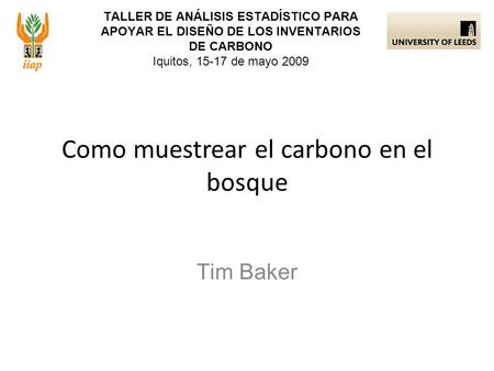 TALLER DE ANÁLISIS ESTADÍSTICO PARA APOYAR EL DISEÑO DE LOS INVENTARIOS DE CARBONO Iquitos, 15-17 de mayo 2009 Tim Baker Como muestrear el carbono en el.