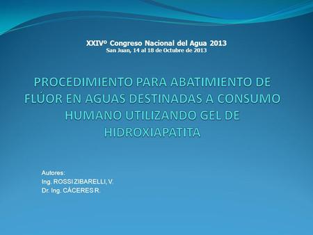 Autores: Ing. ROSSI ZIBARELLI, V. Dr. Ing. CÁCERES R. XXIVº Congreso Nacional del Agua 2013 San Juan, 14 al 18 de Octubre de 2013.