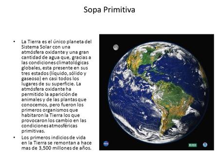 Sopa Primitiva La Tierra es el único planeta del Sistema Solar con una atmósfera oxidante y una gran cantidad de agua que, gracias a las condiciones climatológicas.