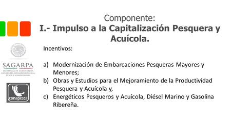 Componente: I.- Impulso a la Capitalización Pesquera y Acuícola. Incentivos: a)Modernización de Embarcaciones Pesqueras Mayores y Menores; b)Obras y Estudios.