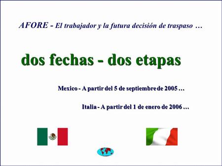 Dos fechas - dos etapas Mexico - A partir del 5 de septiembre de 2005 … Italia - A partir del 1 de enero de 2006 … AFORE - El trabajador y la futura decisión.