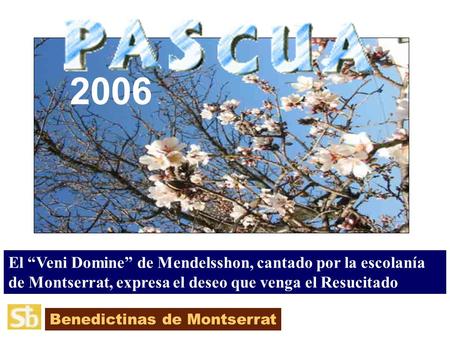 Benedictinas de Montserrat El “Veni Domine” de Mendelsshon, cantado por la escolanía de Montserrat, expresa el deseo que venga el Resucitado 2006.